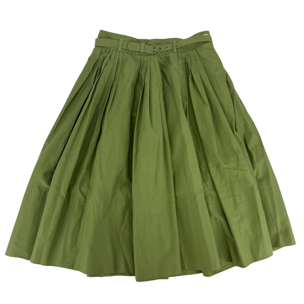 Vintage Green Pleated Belted Midi Skirt High Waisted Academia Preppy XS